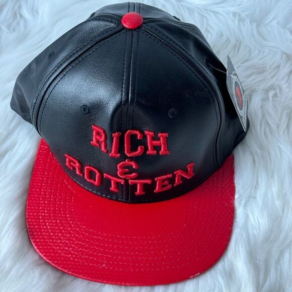 Rich & Rotten Black/Red Faux Leather Logo Snapback Baseball Hat NWT